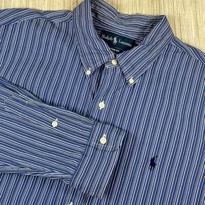 Ralph Lauren Mens XL Custom Fit Blue White Striped Button Down Shirt Long Sleeve